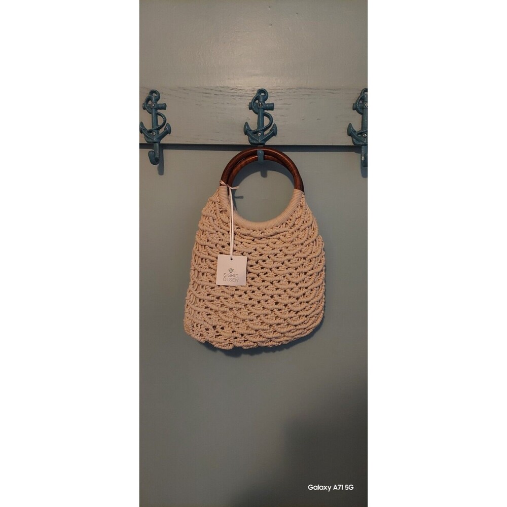 ! SIGRID OLSEN Handmade Macrame Handbag Bamboo Handles Cotton Boho Hippie NWT